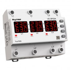 Трифазне реле напруги з контролем струму DigiTOP VA-3F63A-M6R з червоним індикатором